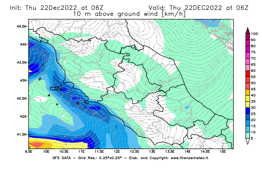 Mappa di analisi GFS - Velocità del vento a 10 metri dal suolo [km/h] in Centro-Italia
							del 22/12/2022 06 <!--googleoff: index-->UTC<!--googleon: index-->
