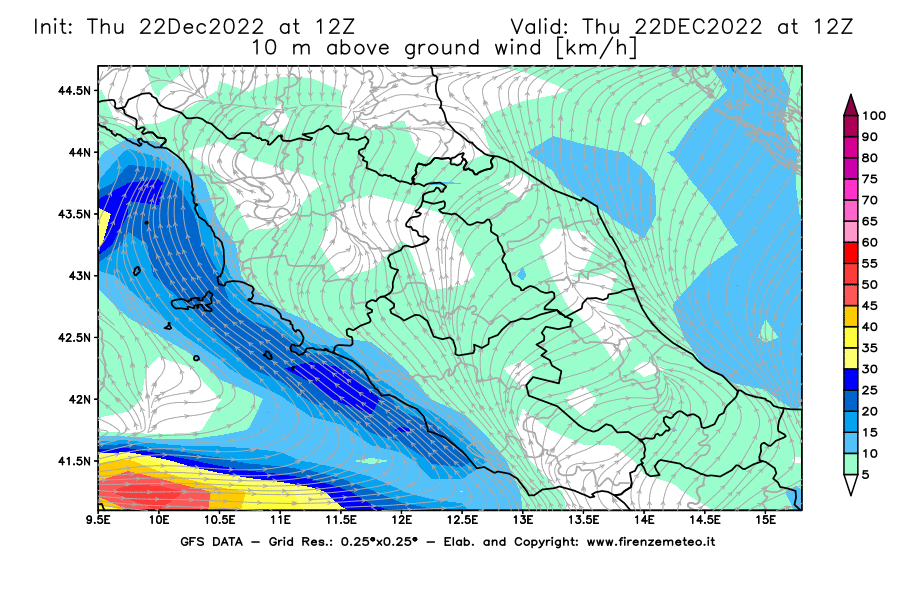 Mappa di analisi GFS - Velocità del vento a 10 metri dal suolo [km/h] in Centro-Italia
							del 22/12/2022 12 <!--googleoff: index-->UTC<!--googleon: index-->