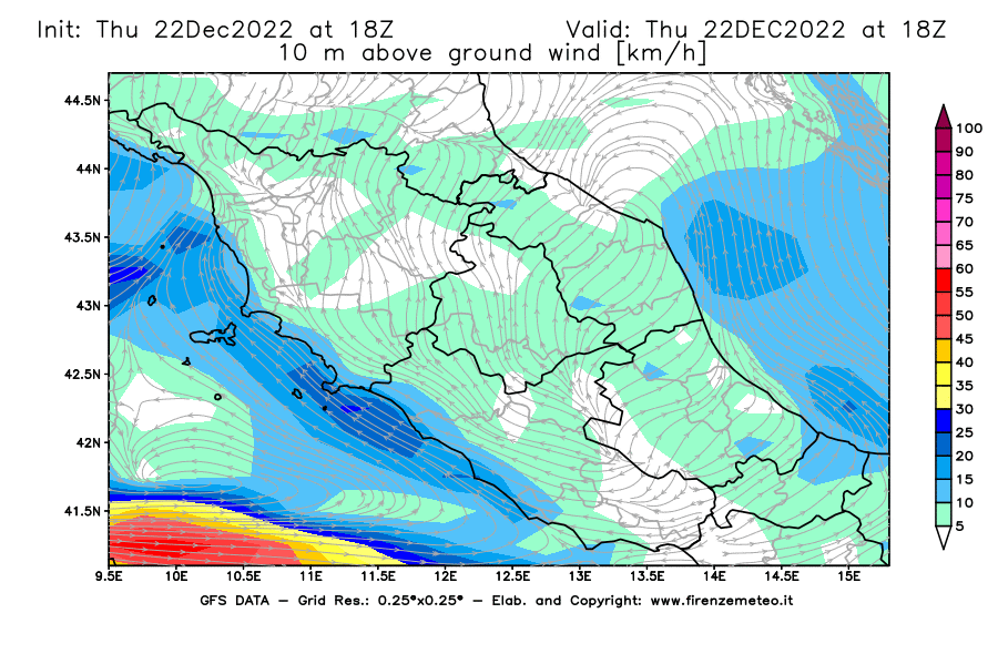Mappa di analisi GFS - Velocità del vento a 10 metri dal suolo [km/h] in Centro-Italia
							del 22/12/2022 18 <!--googleoff: index-->UTC<!--googleon: index-->