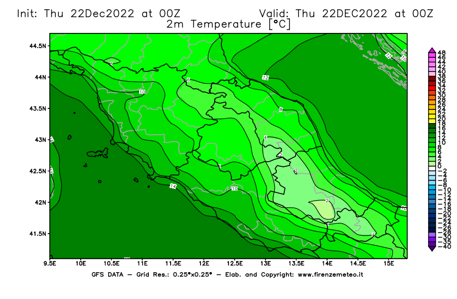 Mappa di analisi GFS - Temperatura a 2 metri dal suolo [°C] in Centro-Italia
							del 22/12/2022 00 <!--googleoff: index-->UTC<!--googleon: index-->