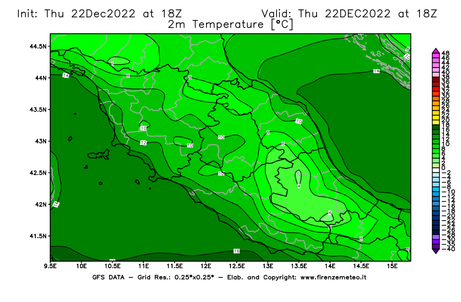 Mappa di analisi GFS - Temperatura a 2 metri dal suolo [°C] in Centro-Italia
							del 22/12/2022 18 <!--googleoff: index-->UTC<!--googleon: index-->