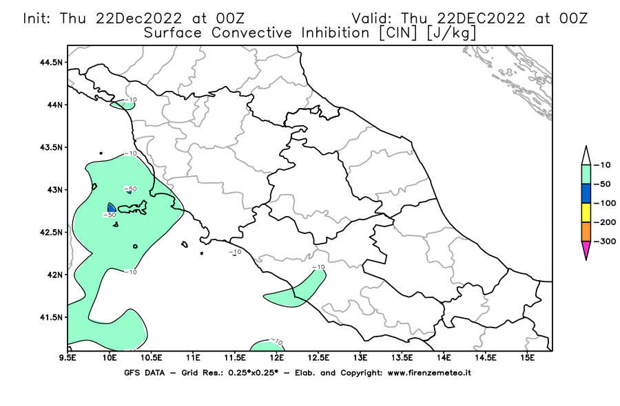 Mappa di analisi GFS - CIN [J/kg] in Centro-Italia
							del 22/12/2022 00 <!--googleoff: index-->UTC<!--googleon: index-->