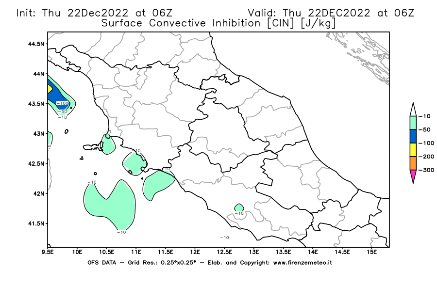 Mappa di analisi GFS - CIN [J/kg] in Centro-Italia
							del 22/12/2022 06 <!--googleoff: index-->UTC<!--googleon: index-->