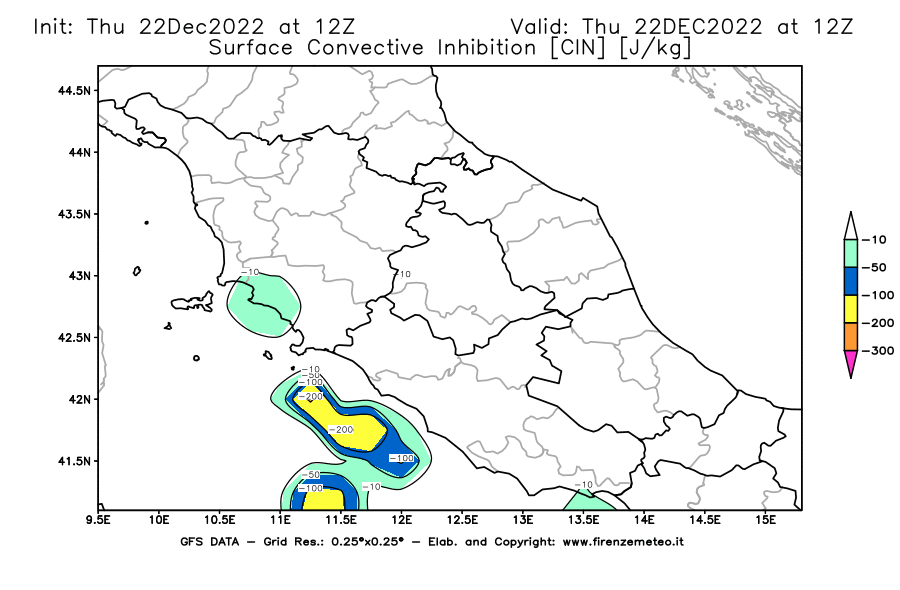 Mappa di analisi GFS - CIN [J/kg] in Centro-Italia
							del 22/12/2022 12 <!--googleoff: index-->UTC<!--googleon: index-->