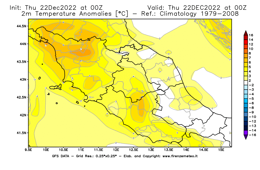 Mappa di analisi GFS - Anomalia Temperatura [°C] a 2 m in Centro-Italia
							del 22/12/2022 00 <!--googleoff: index-->UTC<!--googleon: index-->