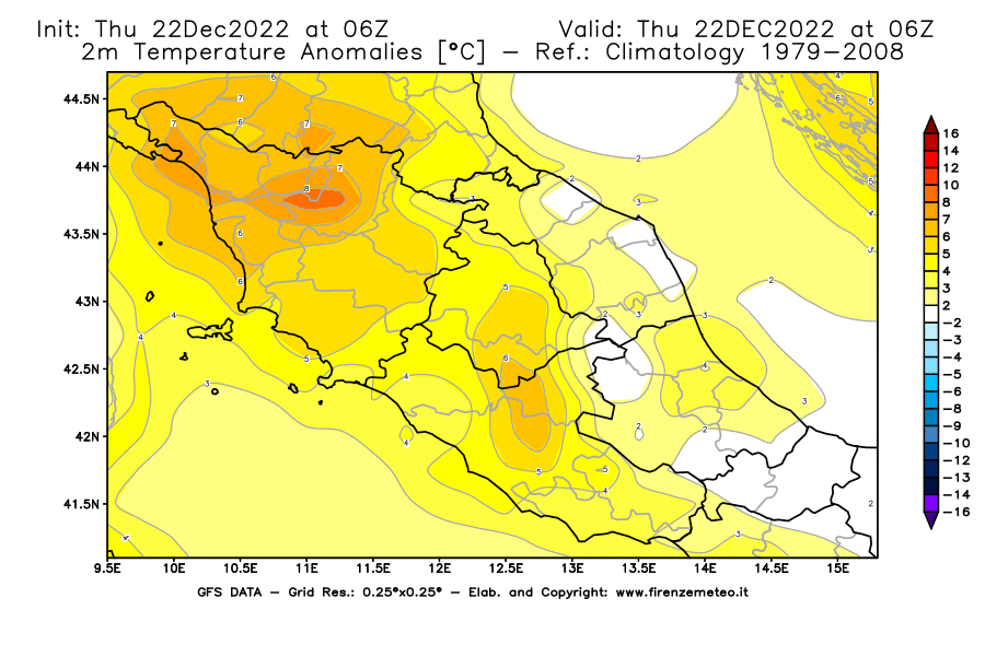 Mappa di analisi GFS - Anomalia Temperatura [°C] a 2 m in Centro-Italia
							del 22/12/2022 06 <!--googleoff: index-->UTC<!--googleon: index-->