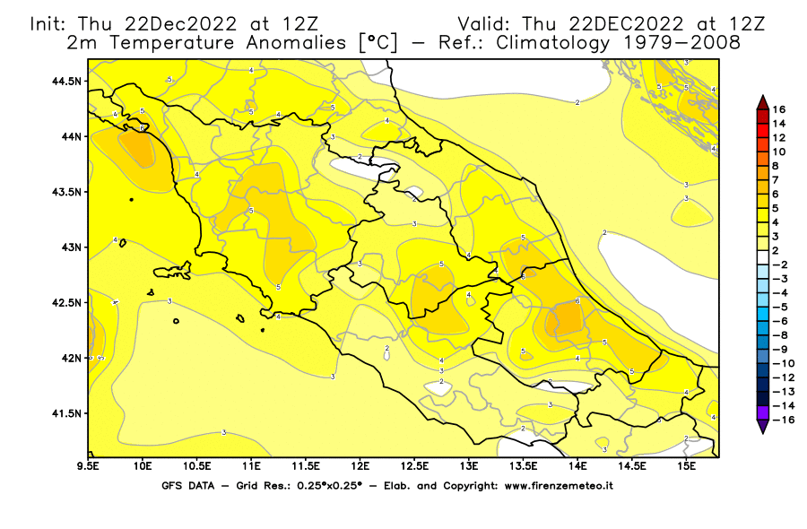 Mappa di analisi GFS - Anomalia Temperatura [°C] a 2 m in Centro-Italia
							del 22/12/2022 12 <!--googleoff: index-->UTC<!--googleon: index-->