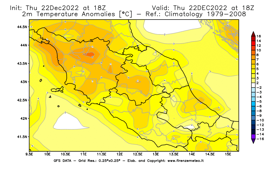 Mappa di analisi GFS - Anomalia Temperatura [°C] a 2 m in Centro-Italia
							del 22/12/2022 18 <!--googleoff: index-->UTC<!--googleon: index-->