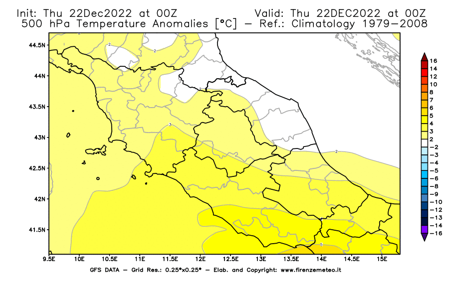 Mappa di analisi GFS - Anomalia Temperatura [°C] a 500 hPa in Centro-Italia
							del 22/12/2022 00 <!--googleoff: index-->UTC<!--googleon: index-->