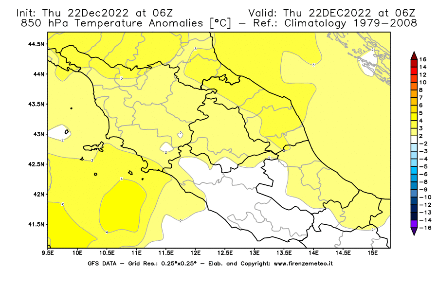 Mappa di analisi GFS - Anomalia Temperatura [°C] a 850 hPa in Centro-Italia
							del 22/12/2022 06 <!--googleoff: index-->UTC<!--googleon: index-->