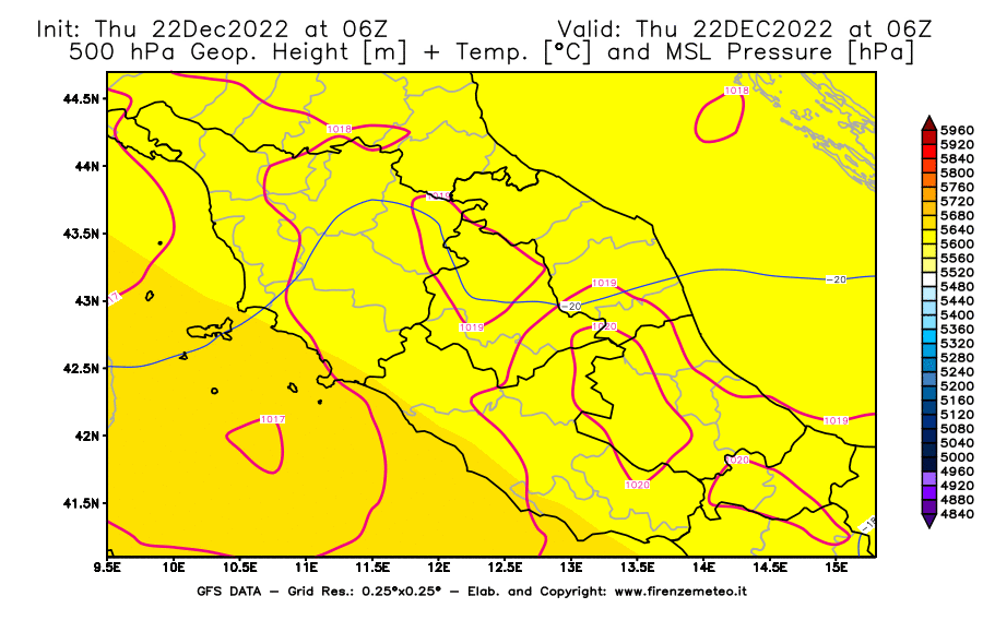 Mappa di analisi GFS - Geopotenziale [m] + Temp. [°C] a 500 hPa + Press. a livello del mare [hPa] in Centro-Italia
							del 22/12/2022 06 <!--googleoff: index-->UTC<!--googleon: index-->