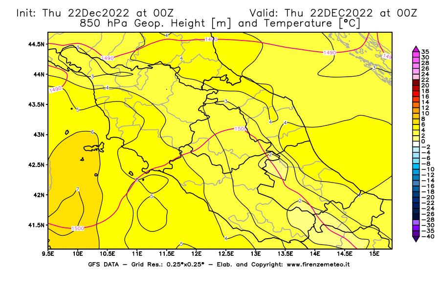 Mappa di analisi GFS - Geopotenziale [m] e Temperatura [°C] a 850 hPa in Centro-Italia
							del 22/12/2022 00 <!--googleoff: index-->UTC<!--googleon: index-->