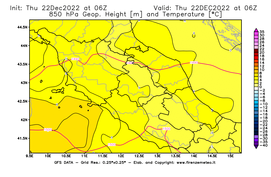 Mappa di analisi GFS - Geopotenziale [m] e Temperatura [°C] a 850 hPa in Centro-Italia
							del 22/12/2022 06 <!--googleoff: index-->UTC<!--googleon: index-->