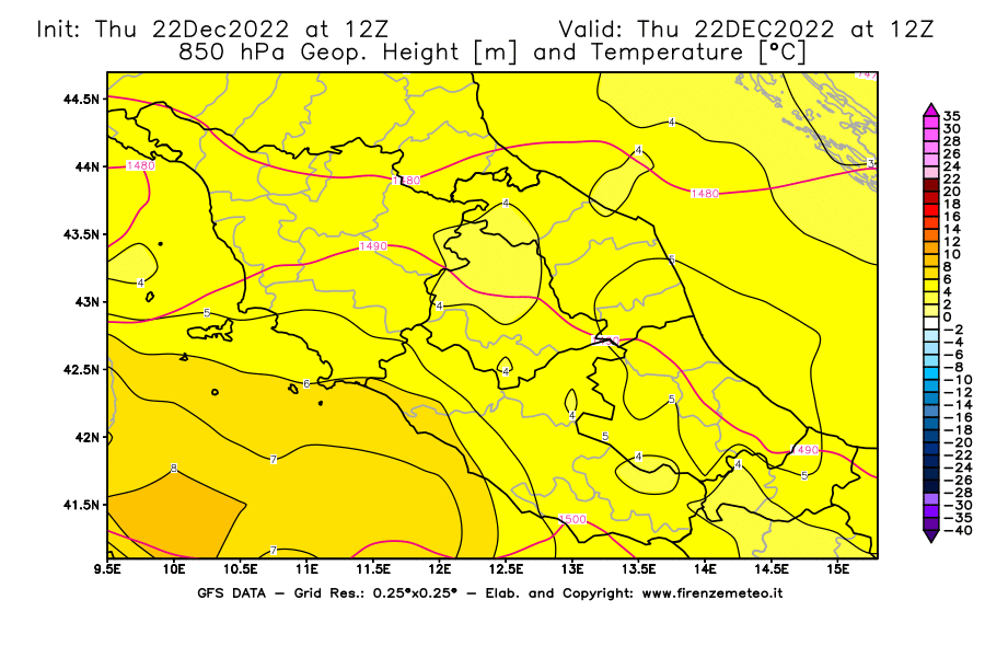 Mappa di analisi GFS - Geopotenziale [m] e Temperatura [°C] a 850 hPa in Centro-Italia
							del 22/12/2022 12 <!--googleoff: index-->UTC<!--googleon: index-->
