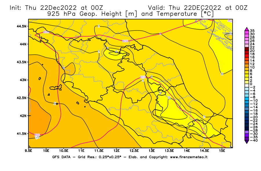 Mappa di analisi GFS - Geopotenziale [m] e Temperatura [°C] a 925 hPa in Centro-Italia
							del 22/12/2022 00 <!--googleoff: index-->UTC<!--googleon: index-->