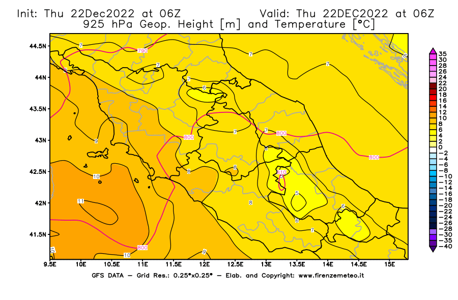 Mappa di analisi GFS - Geopotenziale [m] e Temperatura [°C] a 925 hPa in Centro-Italia
							del 22/12/2022 06 <!--googleoff: index-->UTC<!--googleon: index-->