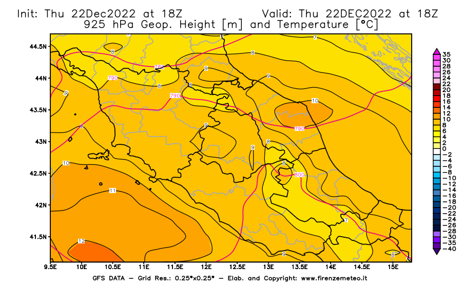 Mappa di analisi GFS - Geopotenziale [m] e Temperatura [°C] a 925 hPa in Centro-Italia
							del 22/12/2022 18 <!--googleoff: index-->UTC<!--googleon: index-->
