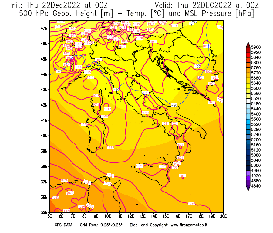 Mappa di analisi GFS - Geopotenziale [m] + Temp. [°C] a 500 hPa + Press. a livello del mare [hPa] in Italia
							del 22/12/2022 00 <!--googleoff: index-->UTC<!--googleon: index-->