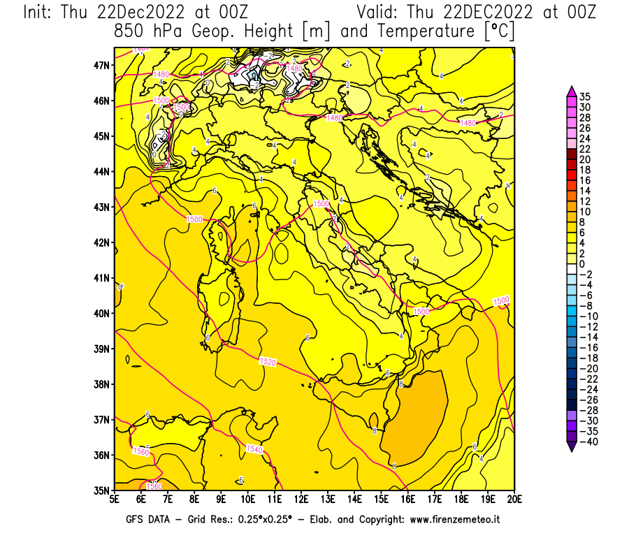 Mappa di analisi GFS - Geopotenziale [m] e Temperatura [°C] a 850 hPa in Italia
							del 22/12/2022 00 <!--googleoff: index-->UTC<!--googleon: index-->