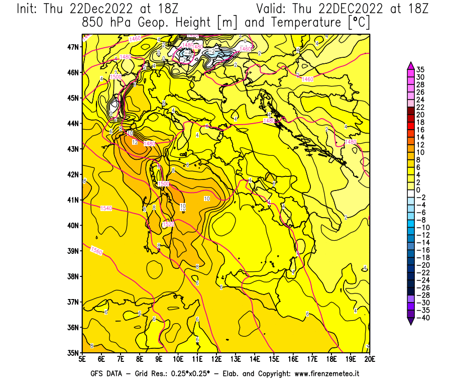 Mappa di analisi GFS - Geopotenziale [m] e Temperatura [°C] a 850 hPa in Italia
							del 22/12/2022 18 <!--googleoff: index-->UTC<!--googleon: index-->