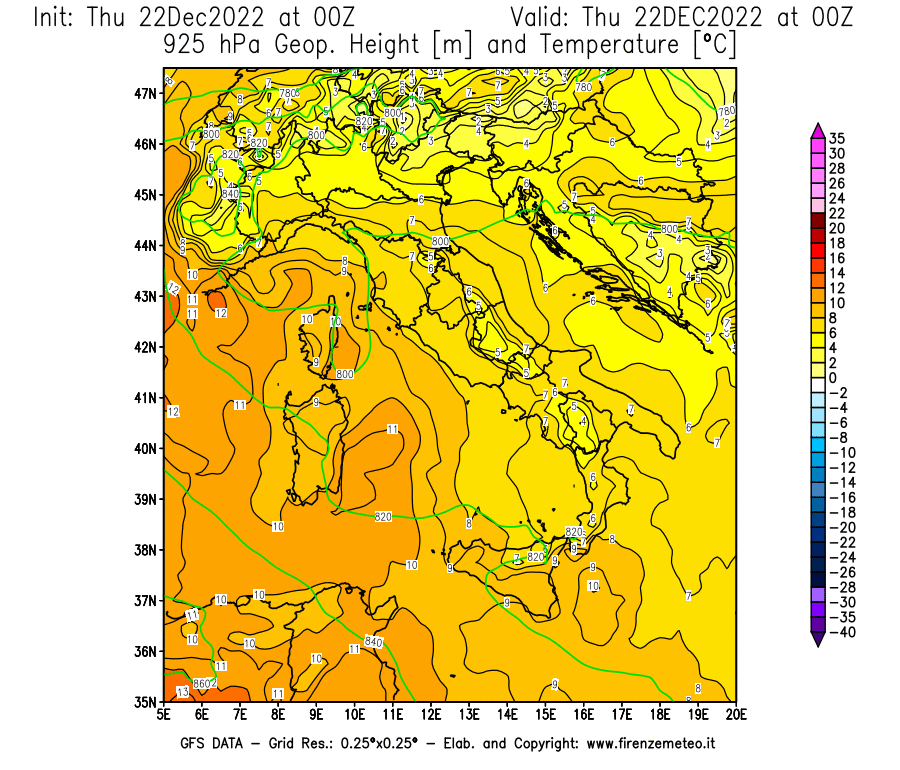 Mappa di analisi GFS - Geopotenziale [m] e Temperatura [°C] a 925 hPa in Italia
							del 22/12/2022 00 <!--googleoff: index-->UTC<!--googleon: index-->