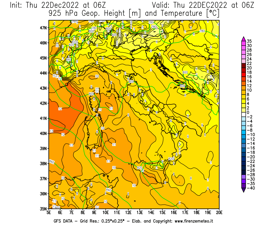 Mappa di analisi GFS - Geopotenziale [m] e Temperatura [°C] a 925 hPa in Italia
							del 22/12/2022 06 <!--googleoff: index-->UTC<!--googleon: index-->