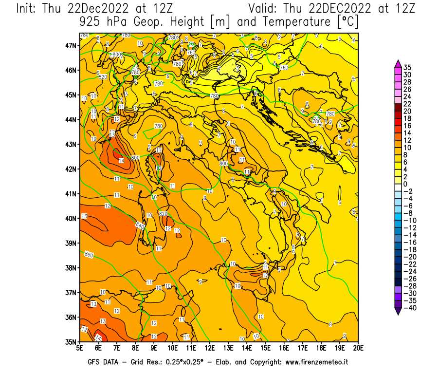 Mappa di analisi GFS - Geopotenziale [m] e Temperatura [°C] a 925 hPa in Italia
							del 22/12/2022 12 <!--googleoff: index-->UTC<!--googleon: index-->