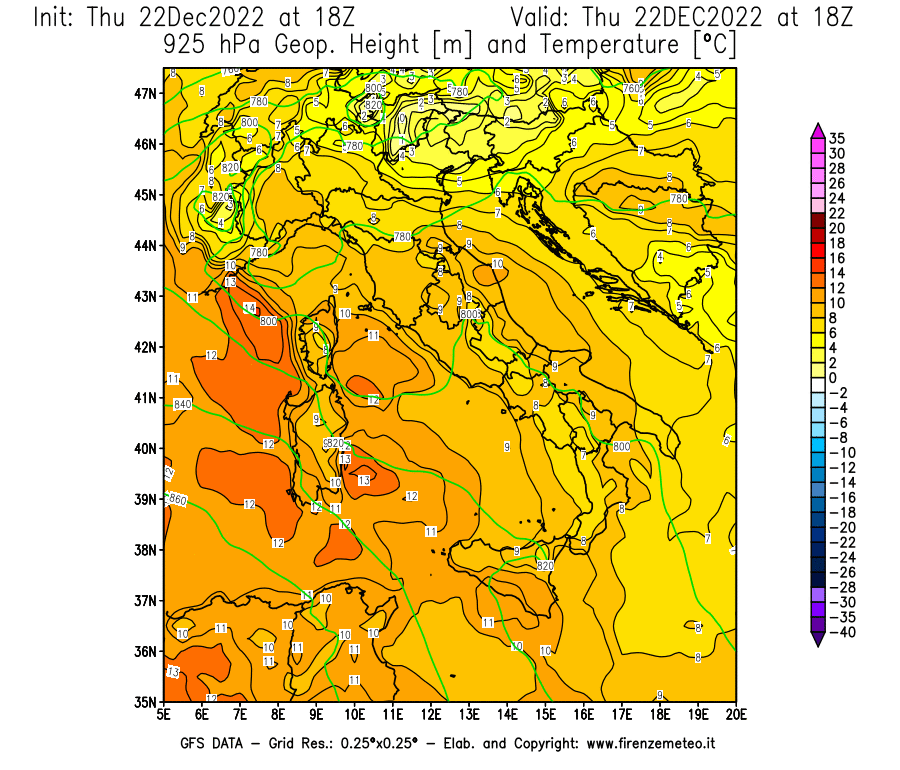 Mappa di analisi GFS - Geopotenziale [m] e Temperatura [°C] a 925 hPa in Italia
							del 22/12/2022 18 <!--googleoff: index-->UTC<!--googleon: index-->