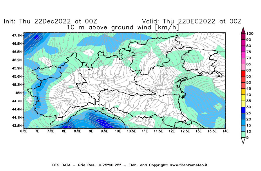 Mappa di analisi GFS - Velocità del vento a 10 metri dal suolo [km/h] in Nord-Italia
							del 22/12/2022 00 <!--googleoff: index-->UTC<!--googleon: index-->