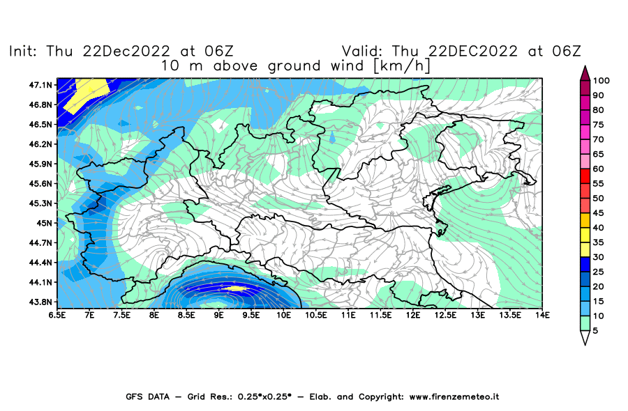Mappa di analisi GFS - Velocità del vento a 10 metri dal suolo [km/h] in Nord-Italia
							del 22/12/2022 06 <!--googleoff: index-->UTC<!--googleon: index-->