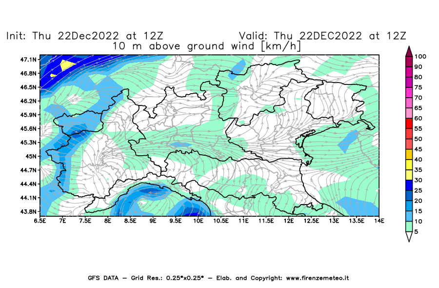 Mappa di analisi GFS - Velocità del vento a 10 metri dal suolo [km/h] in Nord-Italia
							del 22/12/2022 12 <!--googleoff: index-->UTC<!--googleon: index-->