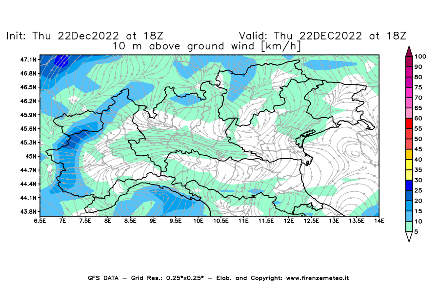 Mappa di analisi GFS - Velocità del vento a 10 metri dal suolo [km/h] in Nord-Italia
							del 22/12/2022 18 <!--googleoff: index-->UTC<!--googleon: index-->