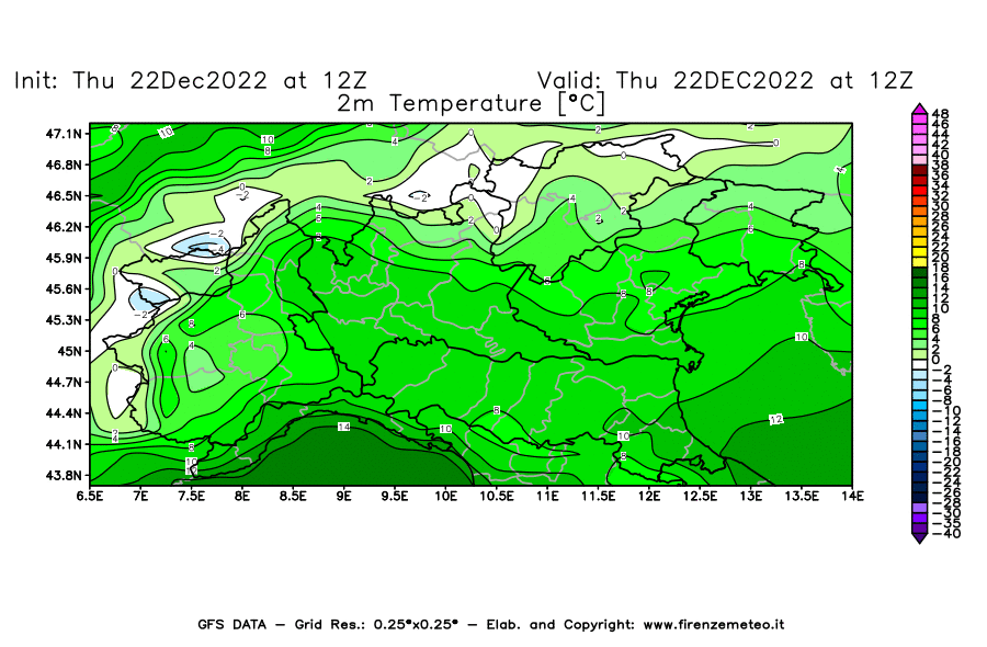 Mappa di analisi GFS - Temperatura a 2 metri dal suolo [°C] in Nord-Italia
							del 22/12/2022 12 <!--googleoff: index-->UTC<!--googleon: index-->