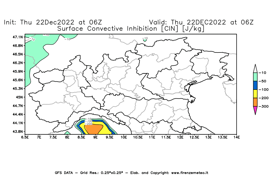 Mappa di analisi GFS - CIN [J/kg] in Nord-Italia
							del 22/12/2022 06 <!--googleoff: index-->UTC<!--googleon: index-->