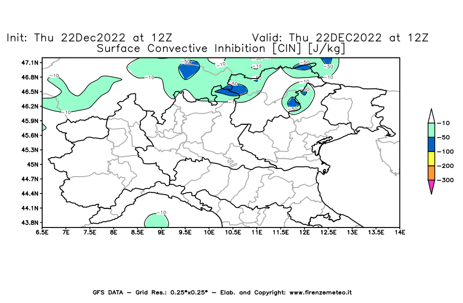 Mappa di analisi GFS - CIN [J/kg] in Nord-Italia
							del 22/12/2022 12 <!--googleoff: index-->UTC<!--googleon: index-->