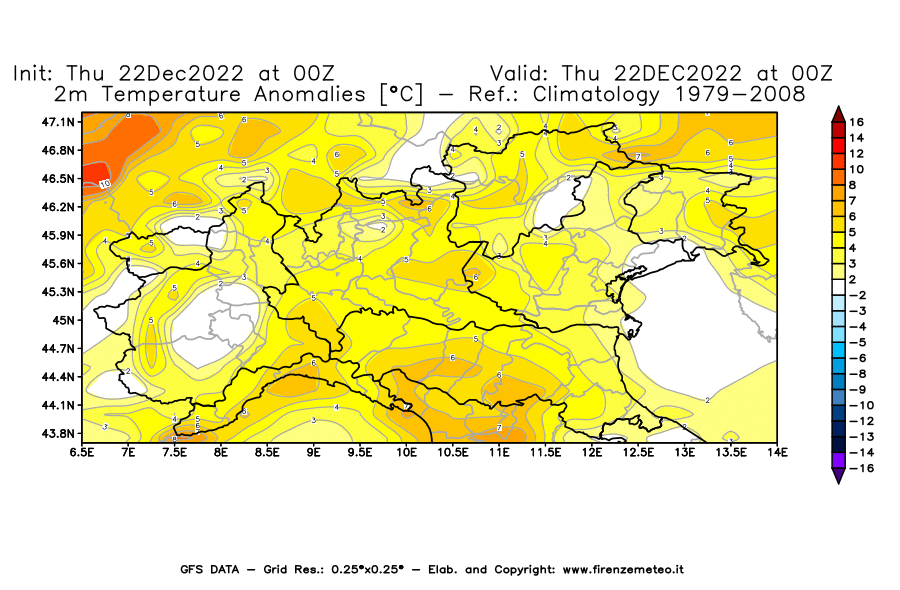 Mappa di analisi GFS - Anomalia Temperatura [°C] a 2 m in Nord-Italia
							del 22/12/2022 00 <!--googleoff: index-->UTC<!--googleon: index-->