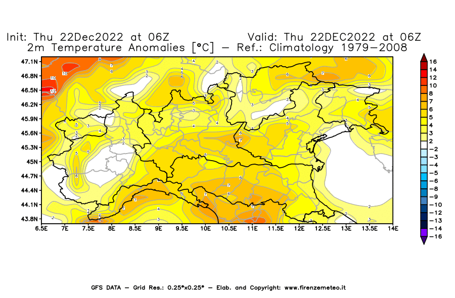 Mappa di analisi GFS - Anomalia Temperatura [°C] a 2 m in Nord-Italia
							del 22/12/2022 06 <!--googleoff: index-->UTC<!--googleon: index-->