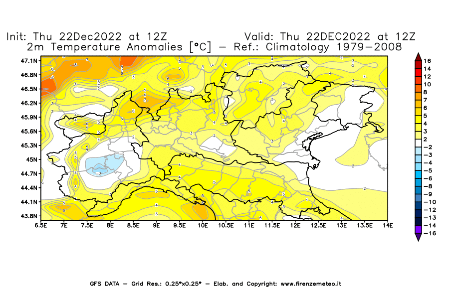 Mappa di analisi GFS - Anomalia Temperatura [°C] a 2 m in Nord-Italia
							del 22/12/2022 12 <!--googleoff: index-->UTC<!--googleon: index-->