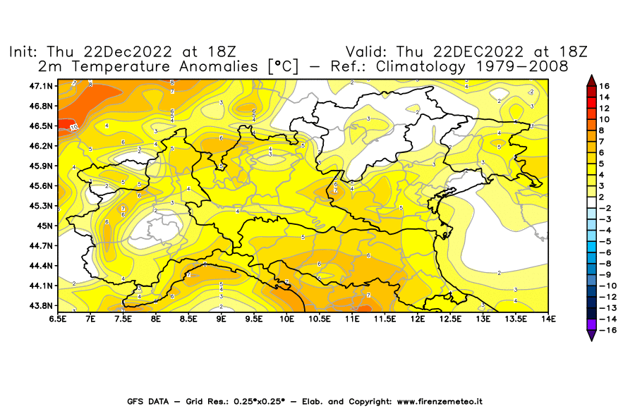 Mappa di analisi GFS - Anomalia Temperatura [°C] a 2 m in Nord-Italia
							del 22/12/2022 18 <!--googleoff: index-->UTC<!--googleon: index-->
