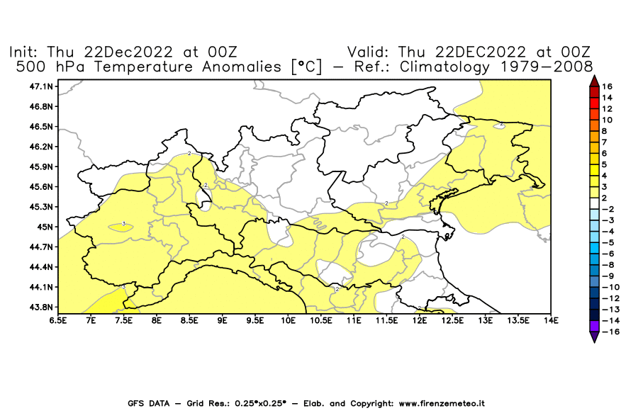 Mappa di analisi GFS - Anomalia Temperatura [°C] a 500 hPa in Nord-Italia
							del 22/12/2022 00 <!--googleoff: index-->UTC<!--googleon: index-->