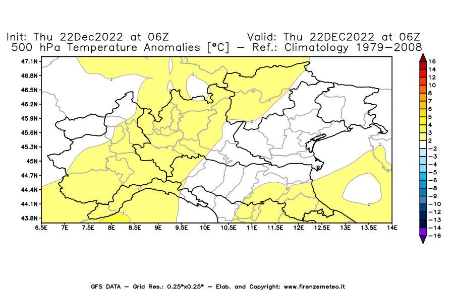 Mappa di analisi GFS - Anomalia Temperatura [°C] a 500 hPa in Nord-Italia
							del 22/12/2022 06 <!--googleoff: index-->UTC<!--googleon: index-->
