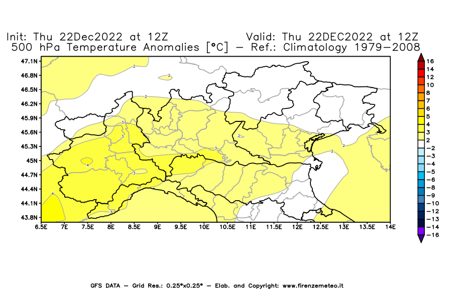 Mappa di analisi GFS - Anomalia Temperatura [°C] a 500 hPa in Nord-Italia
							del 22/12/2022 12 <!--googleoff: index-->UTC<!--googleon: index-->