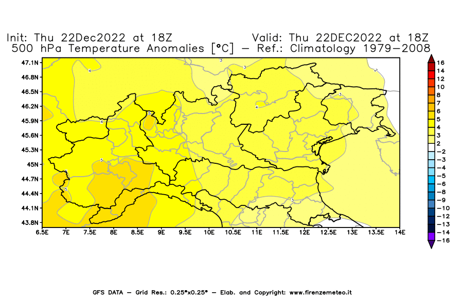Mappa di analisi GFS - Anomalia Temperatura [°C] a 500 hPa in Nord-Italia
							del 22/12/2022 18 <!--googleoff: index-->UTC<!--googleon: index-->