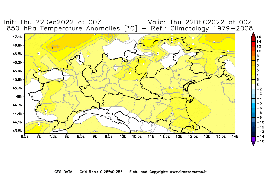 Mappa di analisi GFS - Anomalia Temperatura [°C] a 850 hPa in Nord-Italia
							del 22/12/2022 00 <!--googleoff: index-->UTC<!--googleon: index-->
