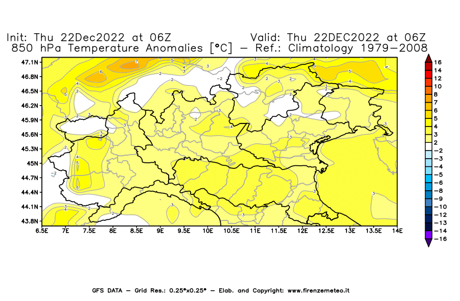 Mappa di analisi GFS - Anomalia Temperatura [°C] a 850 hPa in Nord-Italia
							del 22/12/2022 06 <!--googleoff: index-->UTC<!--googleon: index-->