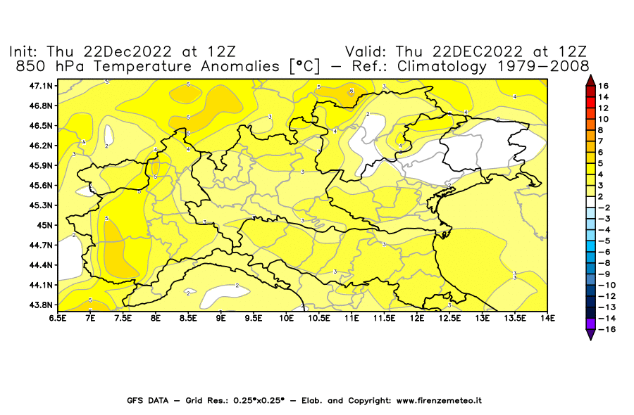 Mappa di analisi GFS - Anomalia Temperatura [°C] a 850 hPa in Nord-Italia
							del 22/12/2022 12 <!--googleoff: index-->UTC<!--googleon: index-->