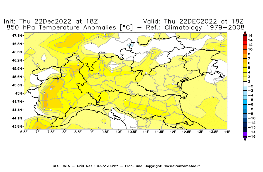 Mappa di analisi GFS - Anomalia Temperatura [°C] a 850 hPa in Nord-Italia
							del 22/12/2022 18 <!--googleoff: index-->UTC<!--googleon: index-->