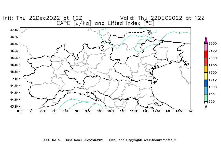 Mappa di analisi GFS - CAPE [J/kg] e Lifted Index [°C] in Nord-Italia
							del 22/12/2022 12 <!--googleoff: index-->UTC<!--googleon: index-->