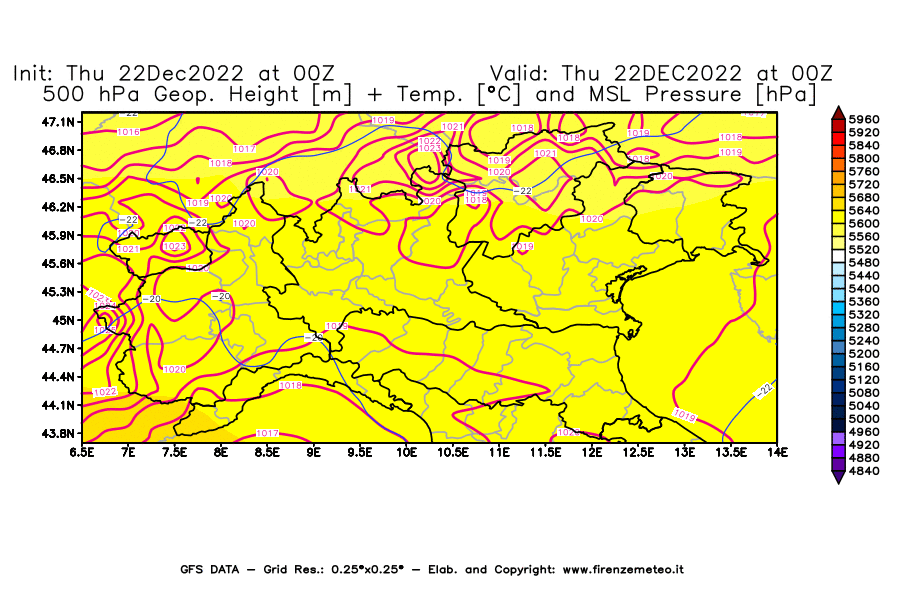 Mappa di analisi GFS - Geopotenziale [m] + Temp. [°C] a 500 hPa + Press. a livello del mare [hPa] in Nord-Italia
							del 22/12/2022 00 <!--googleoff: index-->UTC<!--googleon: index-->