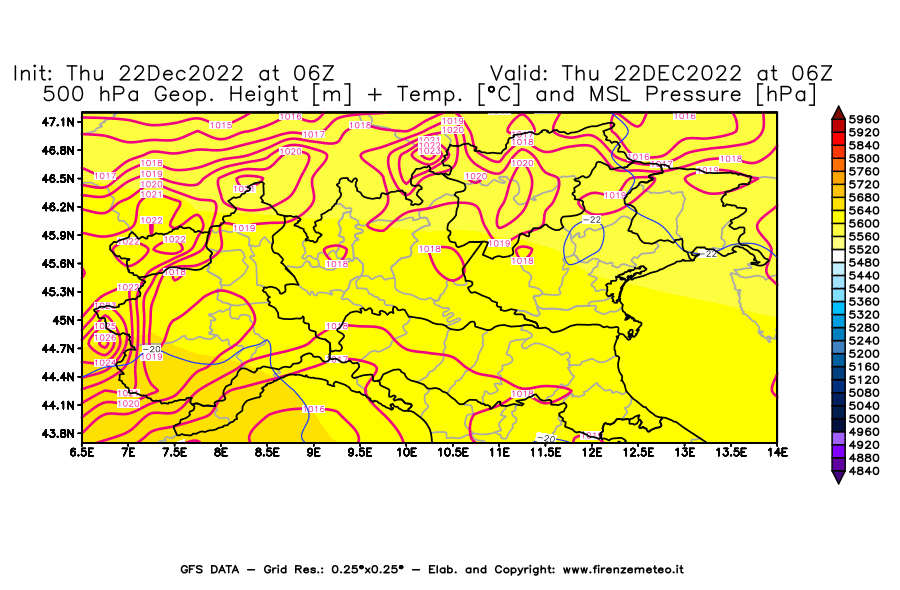 Mappa di analisi GFS - Geopotenziale [m] + Temp. [°C] a 500 hPa + Press. a livello del mare [hPa] in Nord-Italia
							del 22/12/2022 06 <!--googleoff: index-->UTC<!--googleon: index-->
